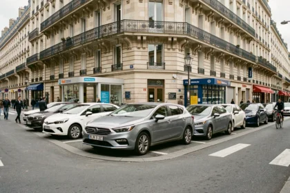 Vue d'ensemble d'une rue parisienne avec plusieurs voitures de location alignées devant des immeubles haussmanniens en Île-de-France