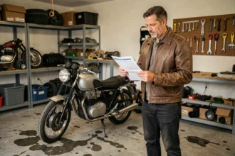 Motard dans la quarantaine consultant des documents d'assurance moto dans son garage, à côté d'une moto classique après plusieurs années d'arrêt