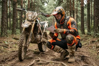 Motard en tenue tout-terrain examinant un document d'assurance à côté de sa moto enduro dans une forêt
