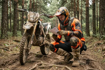 Motard en tenue tout-terrain examinant un document d'assurance à côté de sa moto enduro dans une forêt