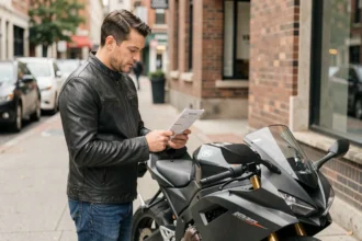 Motard en blouson de cuir noir consultant son contrat d'assurance moto devant sa moto garée en ville