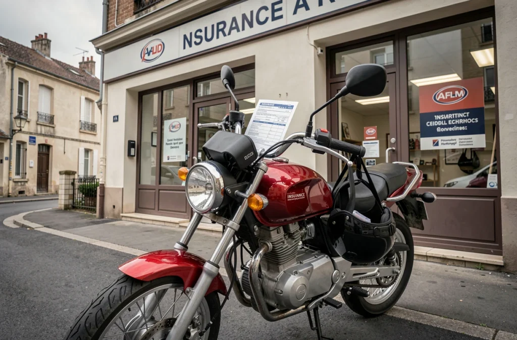 Moto 125 garée devant une agence d'assurance avec un devis affiché