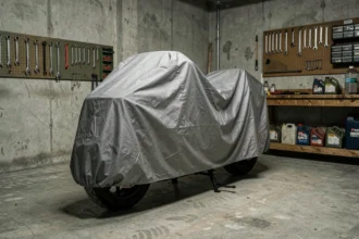Moto couverte d'une housse de protection dans un garage fermé, illustrant le concept d'assurance moto au garage mort