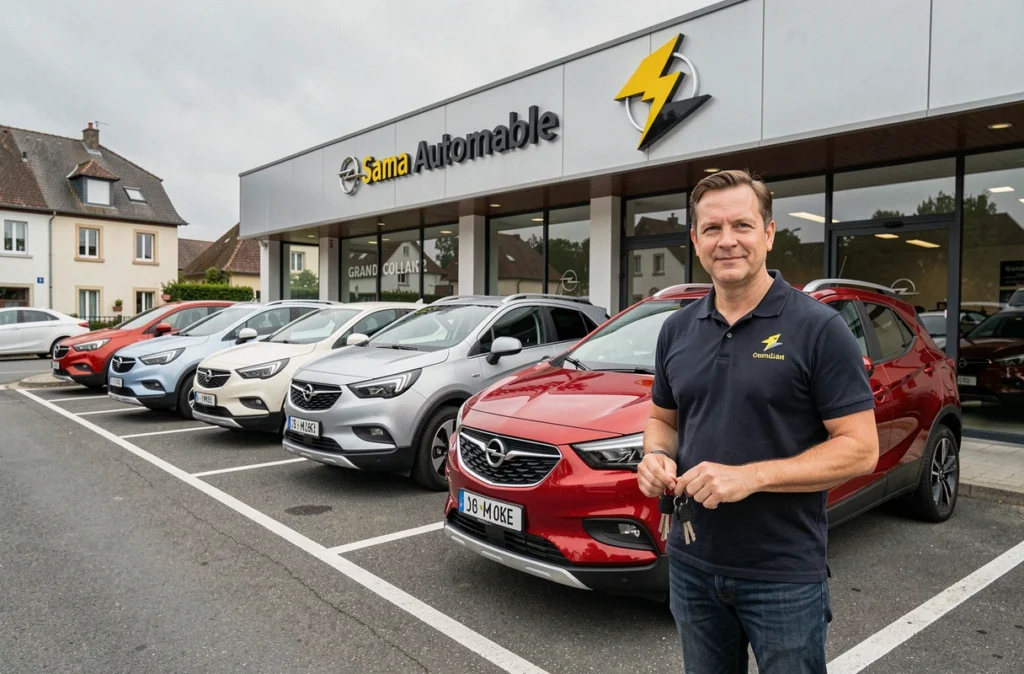 Façade et parvis du concessionnaire Opel Sama Automobile à Colmar avec modèles récents exposés