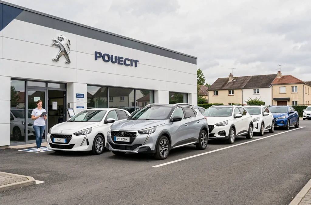 Façade du concessionnaire Peugeot Grand-Est Automobiles à Colmar avec véhicules neufs en exposition