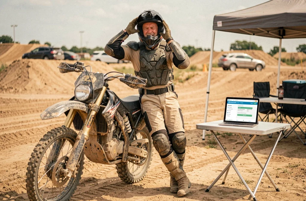Pilote de moto tout-terrain comparant des offres d'assurance sur tablette après une session sur circuit de motocross