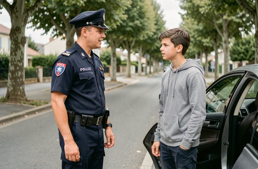 Policier français parlant avec un adolescent mineur au bord de la route à côté d'une voiture, illustrant les conséquences légales de la conduite sans permis pour les moins de 18 ans