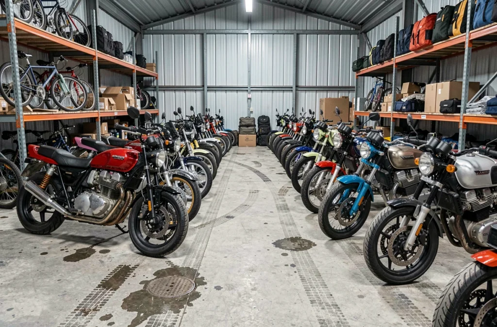 Rangée de motos garées dans un entrepôt de stockage saisonnier, illustration du stationnement prolongé lié à l'assurance moto suspension de garanties