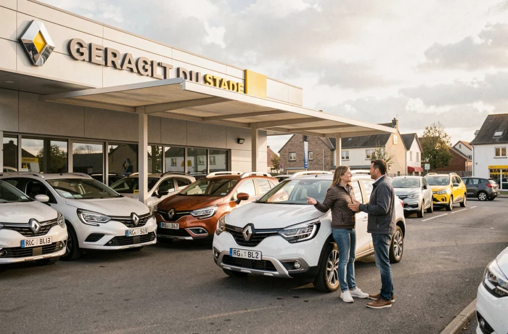 Parvis du Garage du Stade Renault à Colmar avec client et conseiller discutant devant des véhicules neufs