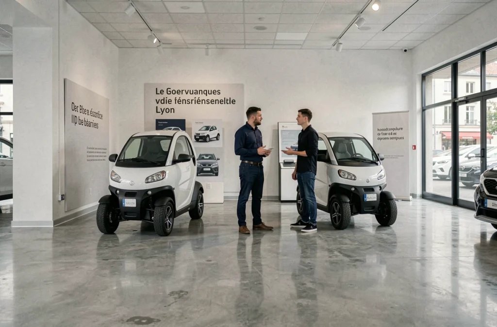 Showroom de concessionnaire de voitures sans permis à Lyon avec vendeur et client en discussion