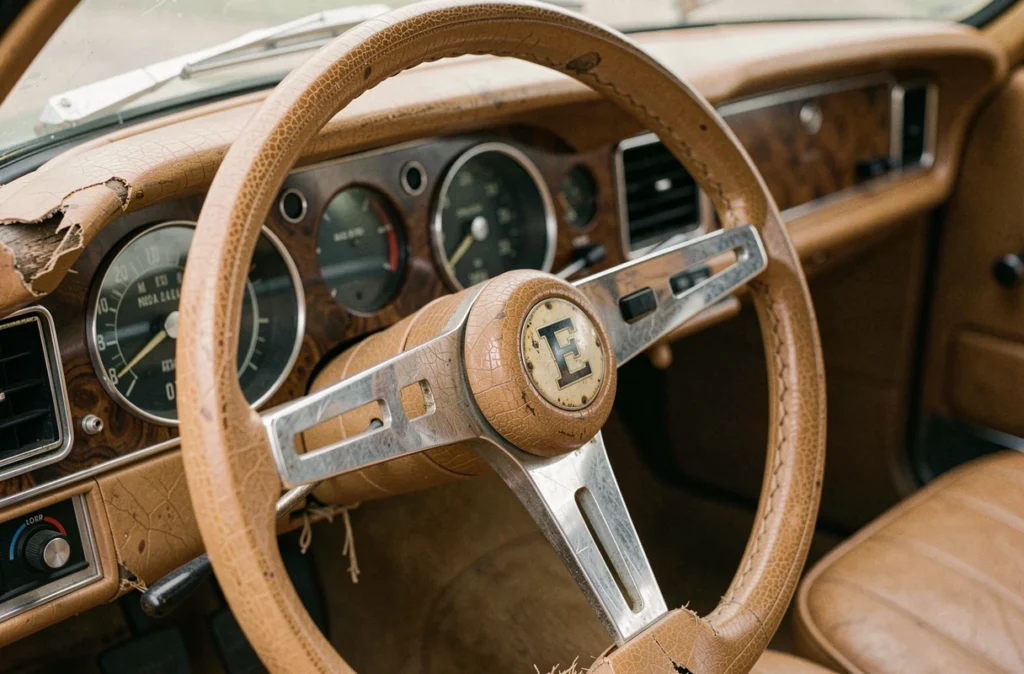 Tableau de bord et volant vintage d'une voiture de marque européenne disparue commençant par E, cuir craquelé et cadrans analogiques anciens