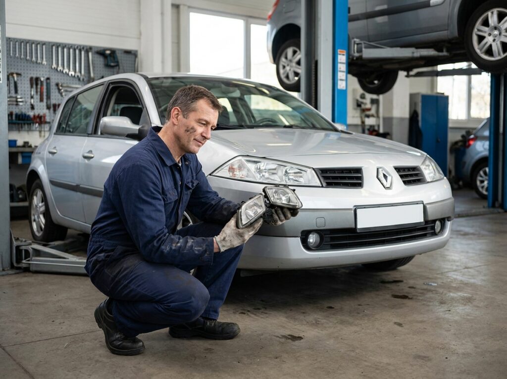 Technicien automobile comparant deux phares avant pour Renault Mégane 2 dans un garage de réparation