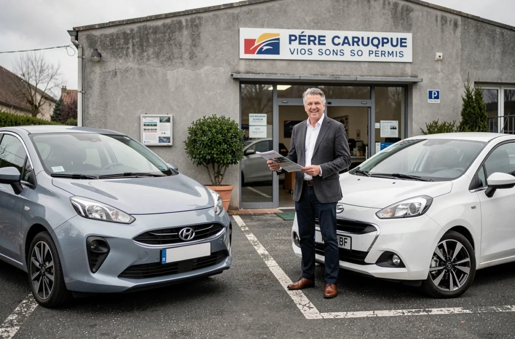 Vendeur présentant des modèles de voitures sans permis dans une concession à Bourgoin-Jallieu