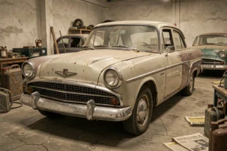 Voiture ancienne des années 1960 abandonnée dans une réserve de musée automobile, emblème de marque disparue commençant par la lettre E