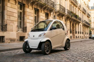 Voiture sans permis blanche garée dans une rue pavée de Lyon avec façades en pierre typiques