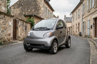 Voiture sans permis d'occasion grise garée dans une rue d'un village des Deux-Sèvres