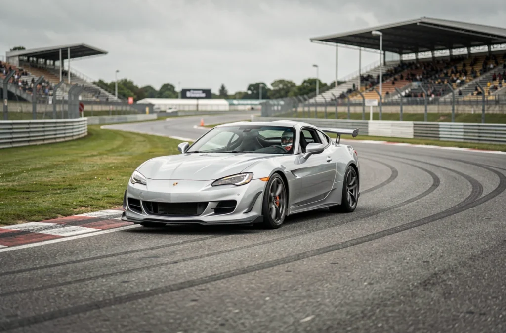 Voiture sportive en pleine courbe sur un circuit de course lors d'un stage de pilotage