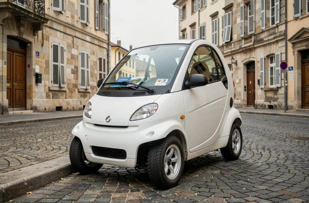 Voiture sans permis garée en centre-ville avec vignette d'assurance visible