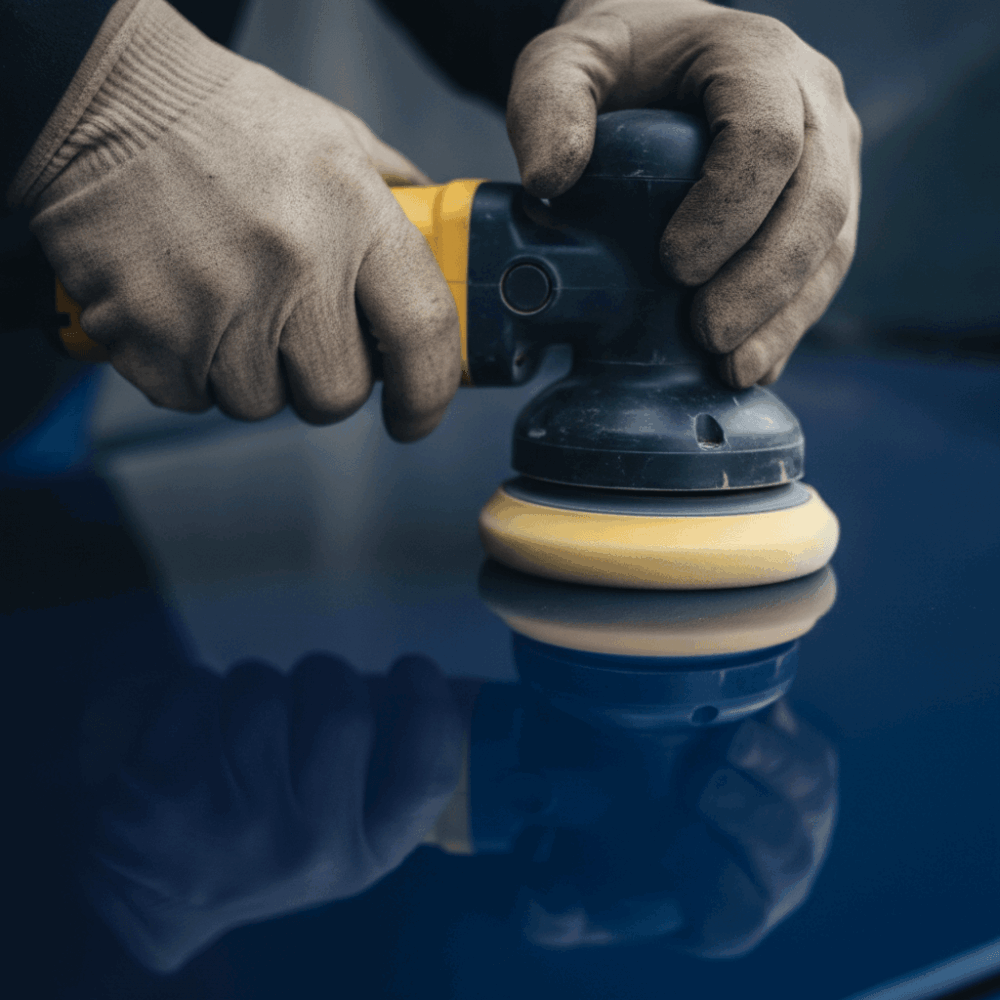 Gros plan sur une polisseuse orbitale utilisée pour le polissage professionnel d'une carrosserie automobile