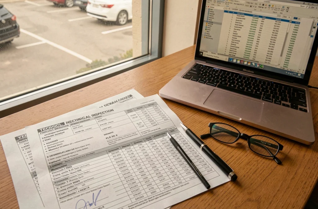 Documents de carte grise et rapport de contrôle technique affichant les valeurs de puissance en CV et kW sur un bureau avec un ordinateur portable