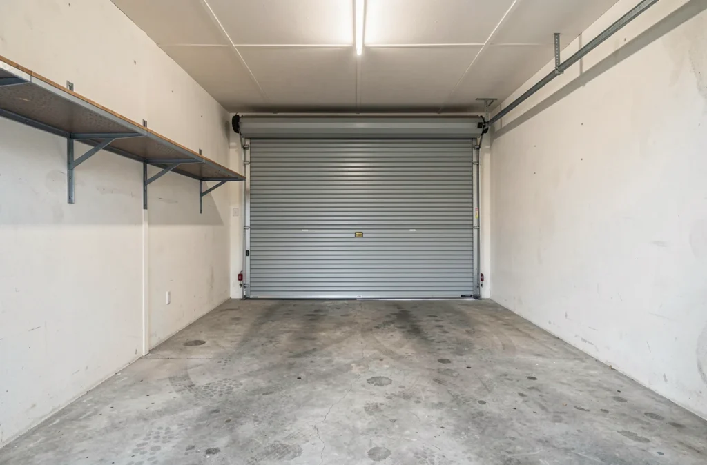 Intérieur d'un garage loué avec étagère métallique et porte fermée