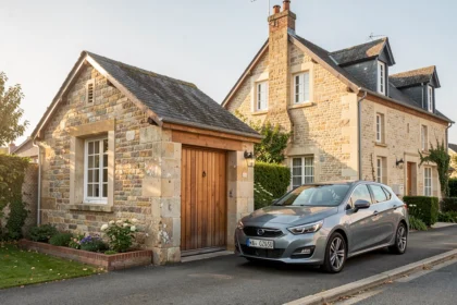 Petite remise en pierre avec porte de garage en bois à côté d'une maison