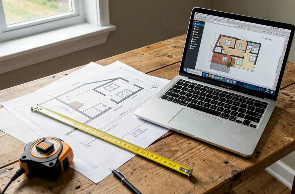 Plans d'une petite remise garage posés sur une table avec un mètre ruban