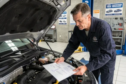 Technicien automobile en combinaison marine vérifiant les documents de puissance en CV et kW d'un véhicule lors d'un contrôle technique en garage